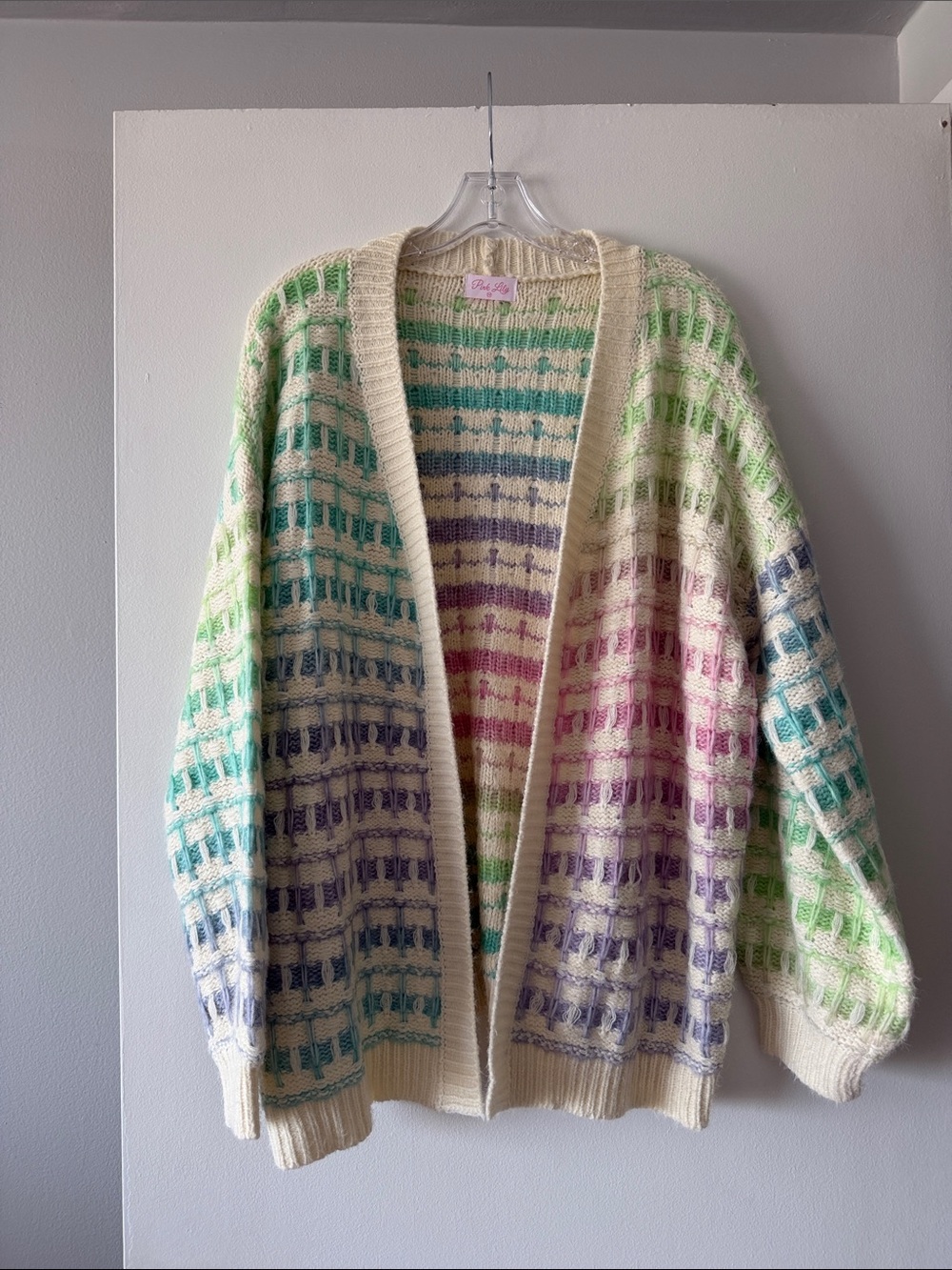 Pink Lily Pastel Plaid Knit Cardigan Oversized Chunky Sweater Size Medium